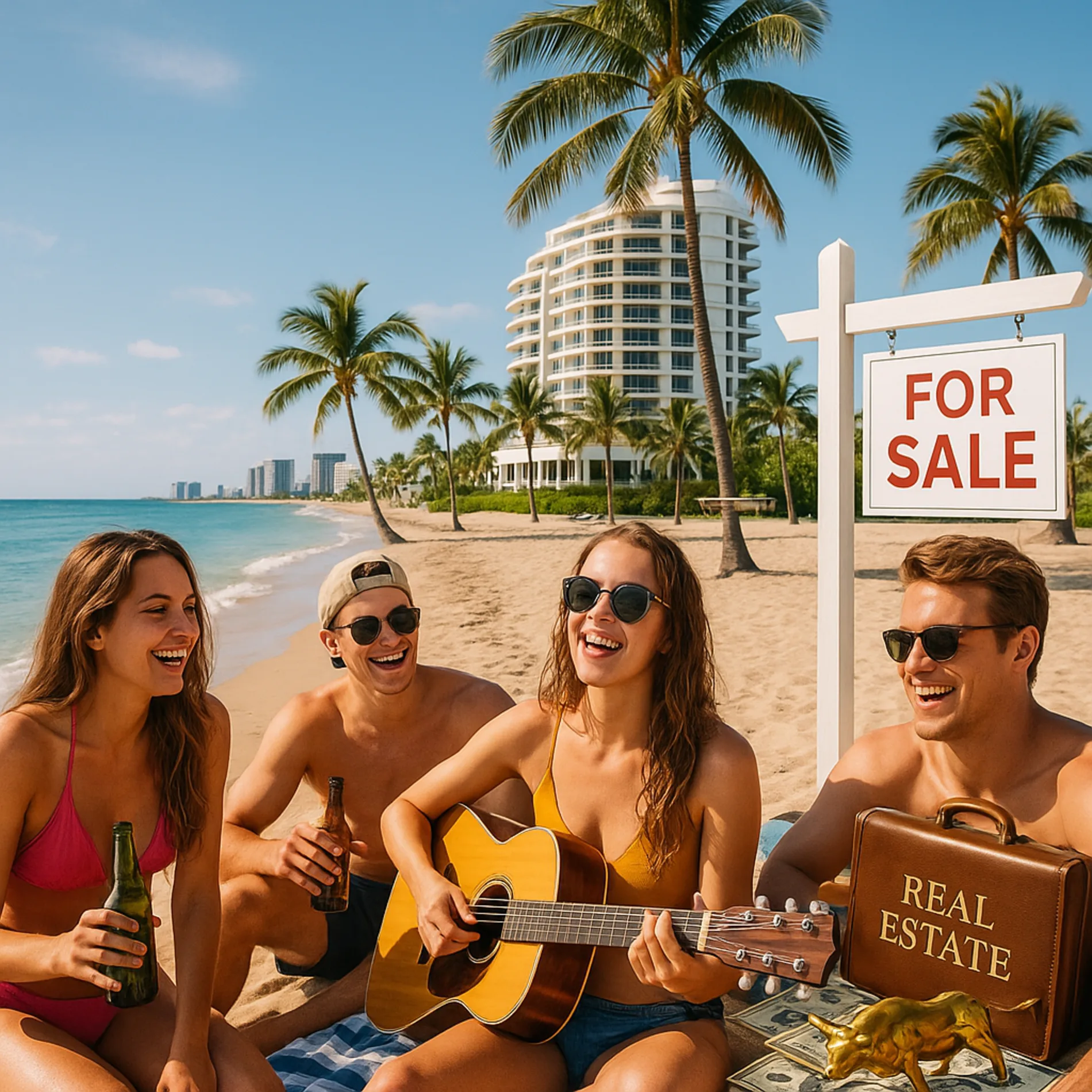 Fort Lauderdale showing young people enjoying a spring break vibe with drinks and a guitar. 